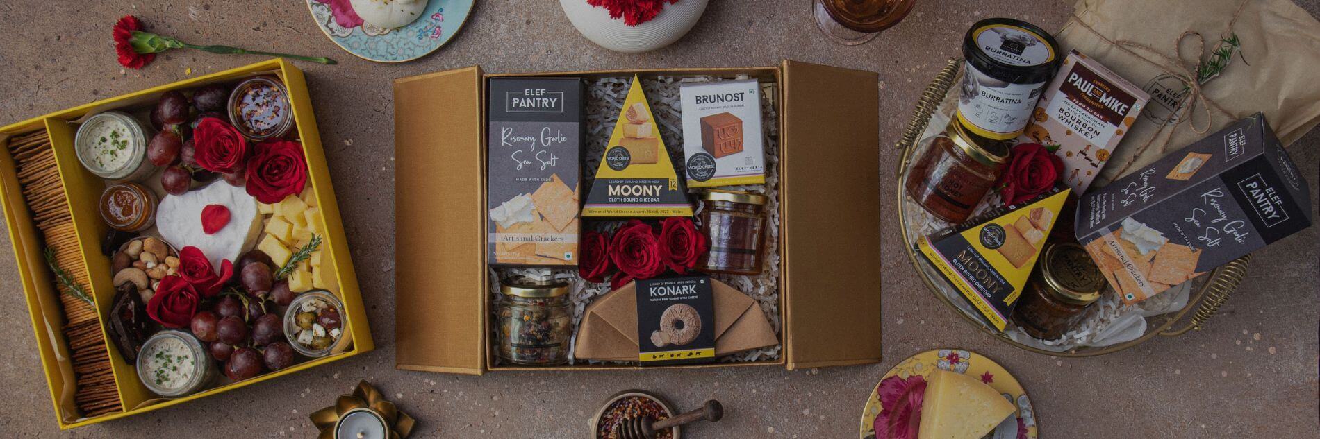 Premium Cheese Gift Box with different varieties of cheeses and its accompaniments.