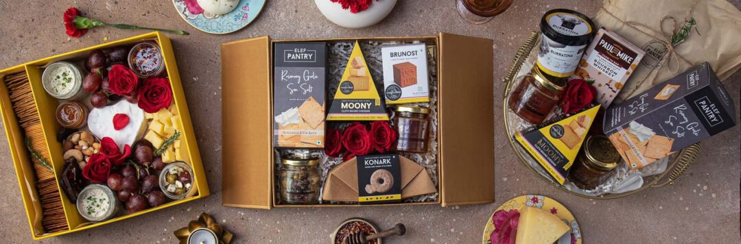 Premium Cheese Gift Box with different varieties of cheeses and its accompaniments.